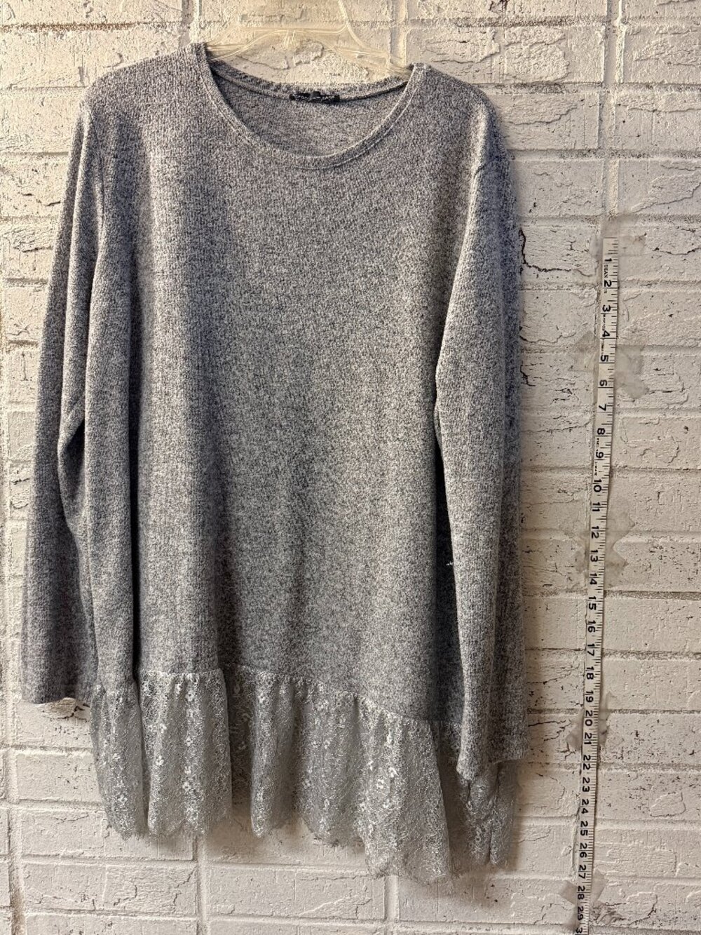 Zara W&B Gray Knit Lace Hem Tunic Sweater | Size XL | Soft Long Sleeve Peplum To